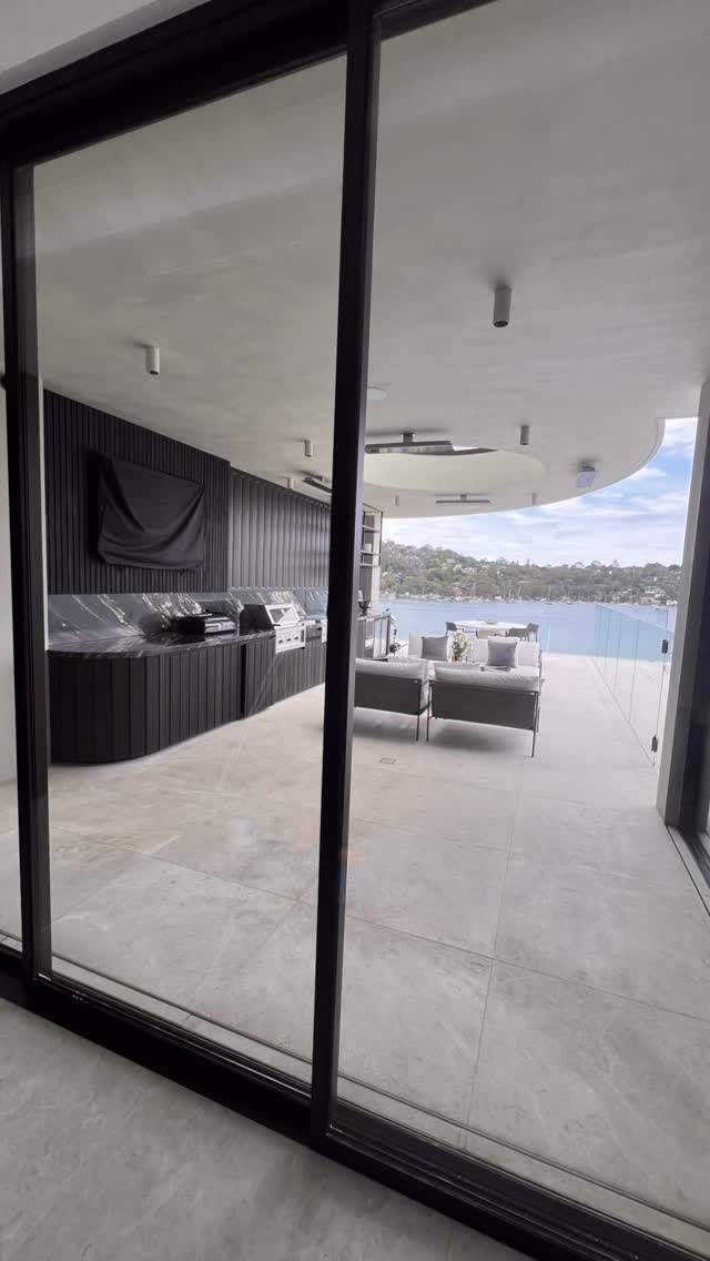 Alfresco outdoor kitchen and glass doors cleaned, harbour view, Northern Beaches